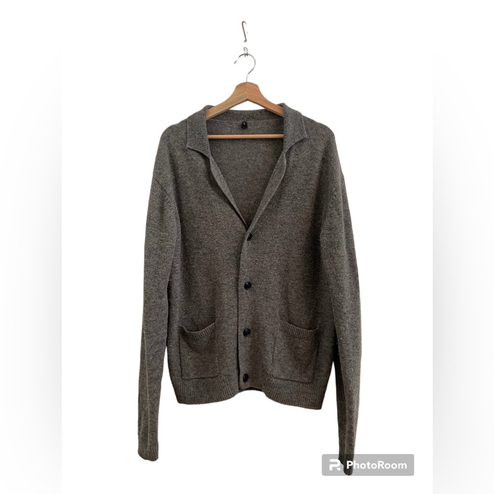 Muji 100% wool grey cardigan, classic preppy American style, men’s large.